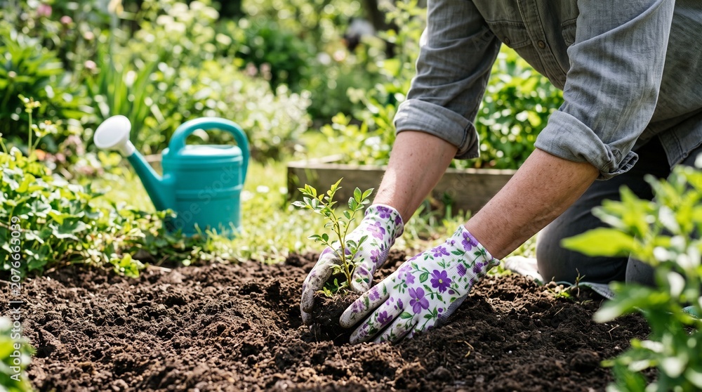 Fototapeta premium Person wearing gloves planting a small green seedling into the soil in a sunny home garden with a blue watering can