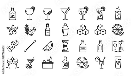 Bild auf Leinwand Gin Linear Icon Set Editable Stroke Cocktail Drink Vector Collection