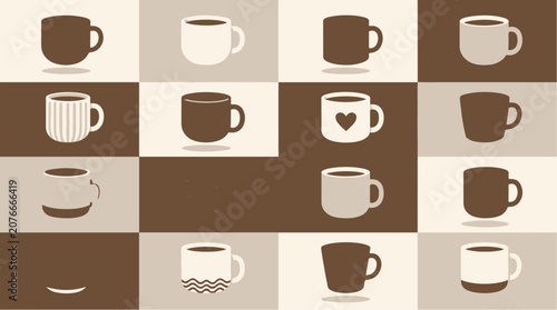 Brown and beige coffee mugs in a grid pattern.