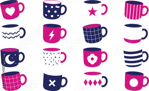 Collection of colorful coffee mugs with various designs and patterns.