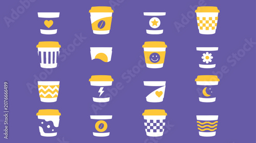 Collection of colorful coffee cup icons with various designs.