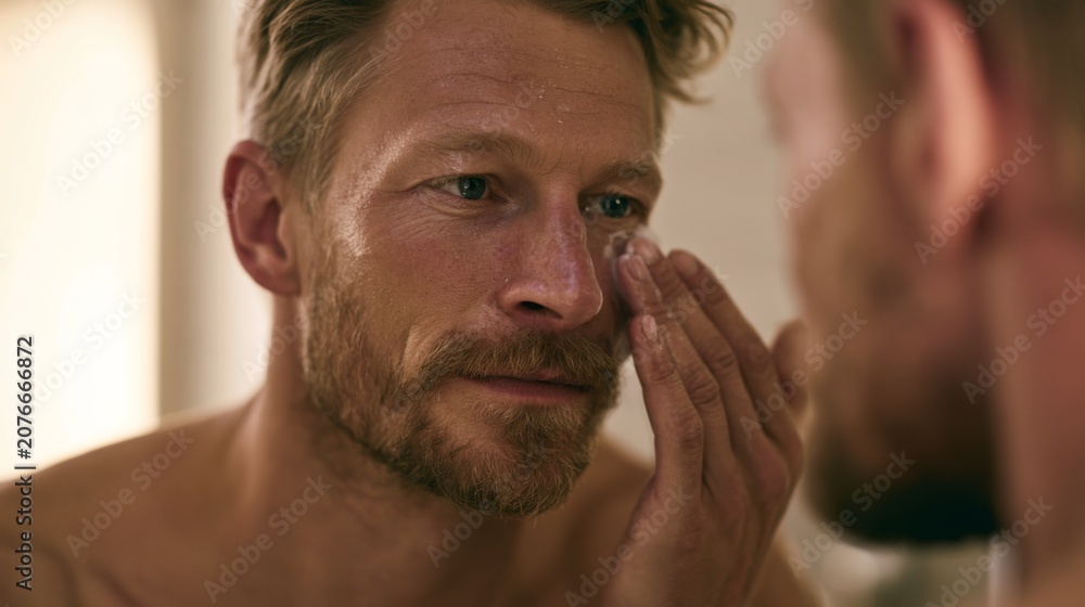 Naklejka premium Man Applying Anti-Aging Moisturizer on Clean Shaved Face in Bright Bathroom Setting