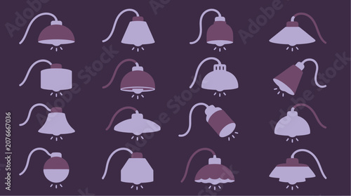 Collection of various purple lamps on dark background.