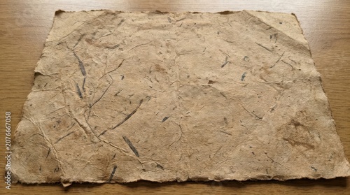 A rectangular sheet of handmade, textured paper with dark, fibrous inclusions and visible creases, resting on a wooden surface