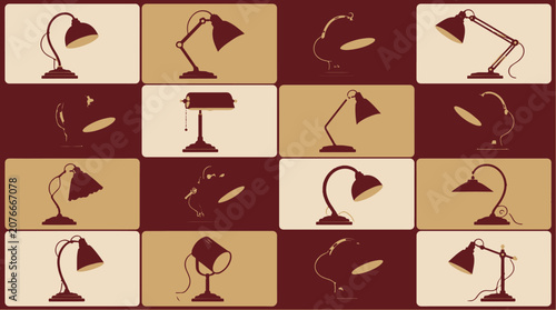 A collection of various desk lamps on different colored backgrounds.