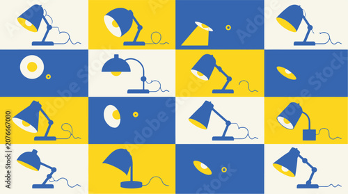 Vibrant blue and yellow lamp icons on checkered background.