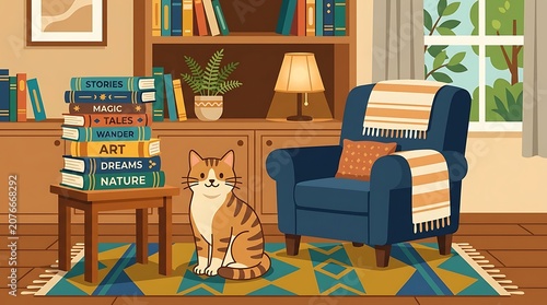 Cat sitting beside stack of colorful books on wooden table in cozy living room with blue armchair