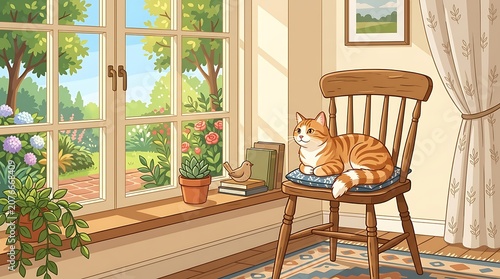 Cat sitting on chair by window with garden view