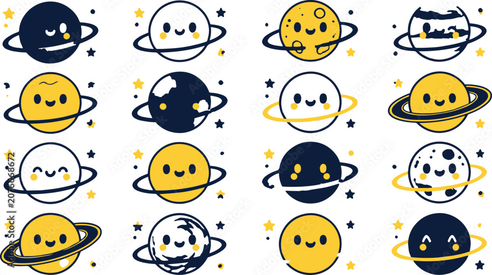 Naklejka premium Smiling cartoon planets with rings and stars on.