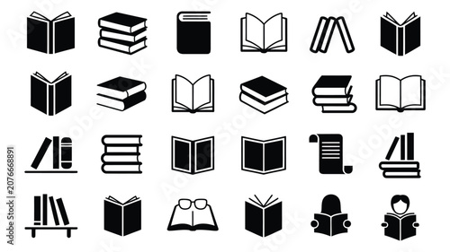 Fotografie Book icon set, black silhouette vector featuring open pages, stacked volumes, bookmarks, and reader pictogram, learning, knowledge, literature, education concept design elements