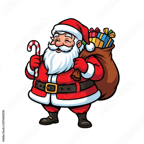 Jolly santa claus with candy cane and gift bag isolated on transparent background
