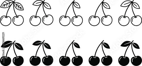 Cuadro en lienzo Cherry Fruit Icon Set with Twin Sweet Cherries Berries Stems Leaves Line Art and