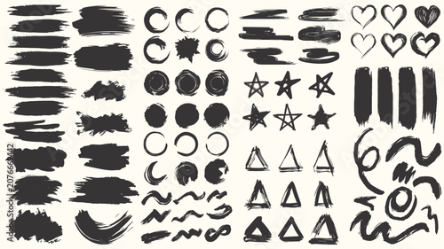 Collection of Hand Drawn Brush Stroke Shapes and Symbols in Dark Gray on Cream Background Keywords: brush stroke