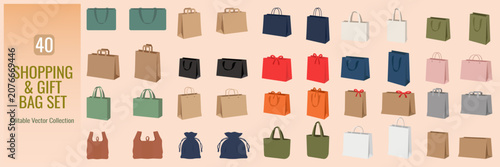 40 Paper Shopping Bag and Gift Bag Vector Set, Editable Retail Packaging Collection, Tote Bags, Luxury Shopping Bags, Eco Friendly Paper Bags, Flat Design, Isolated Vector Illustration for Branding