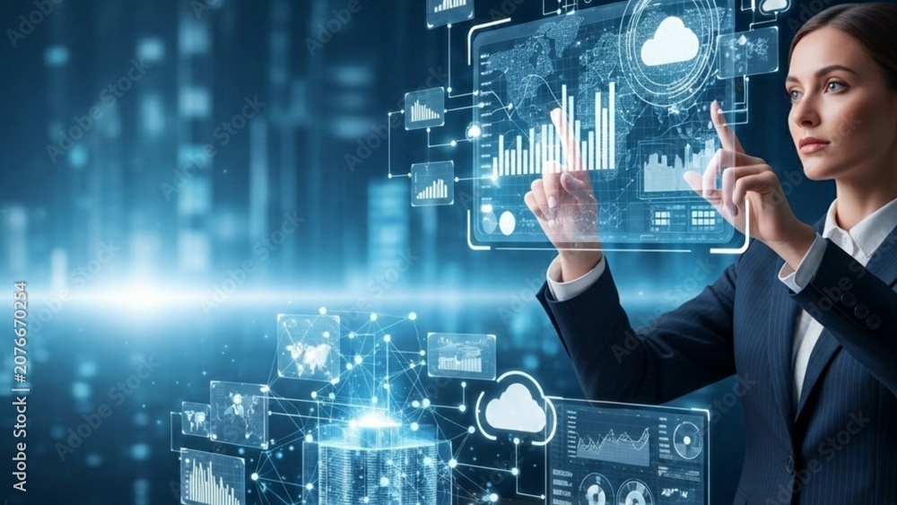 Obraz premium Big Data analytics concept with a businesswoman interacting with a futuristic digital interface displaying financial charts, cloud computing graphs, and global network connections in a corporate offic
