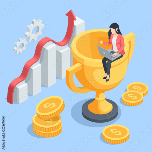 Obraz na plátně Isometric vector businesswoman with laptop sitting on trophy near chart and grow