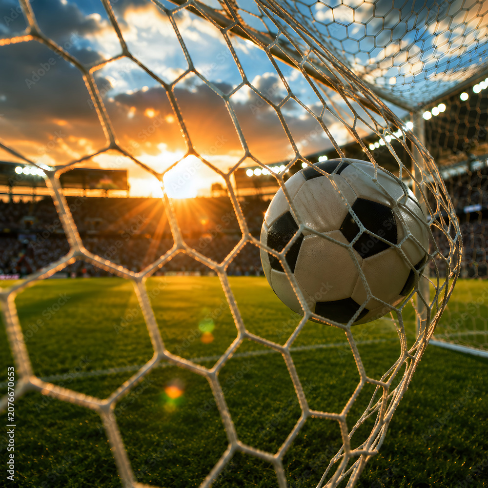 Naklejka premium Soccer Ball Hitting Goal Net on Green Field in Stadium for Football Sport Competition
