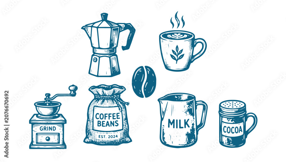 Obraz premium Collection of Vintage Hand-Drawn Coffee, Milk, Cocoa Icons for Cafe Beverage Design