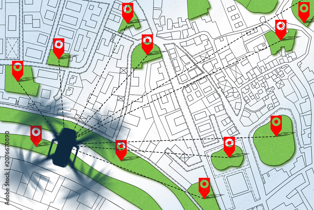 Fototapeta premium DRONE SURVEY OF URBAN GREEN SPACES ON A CITY MAP WITH