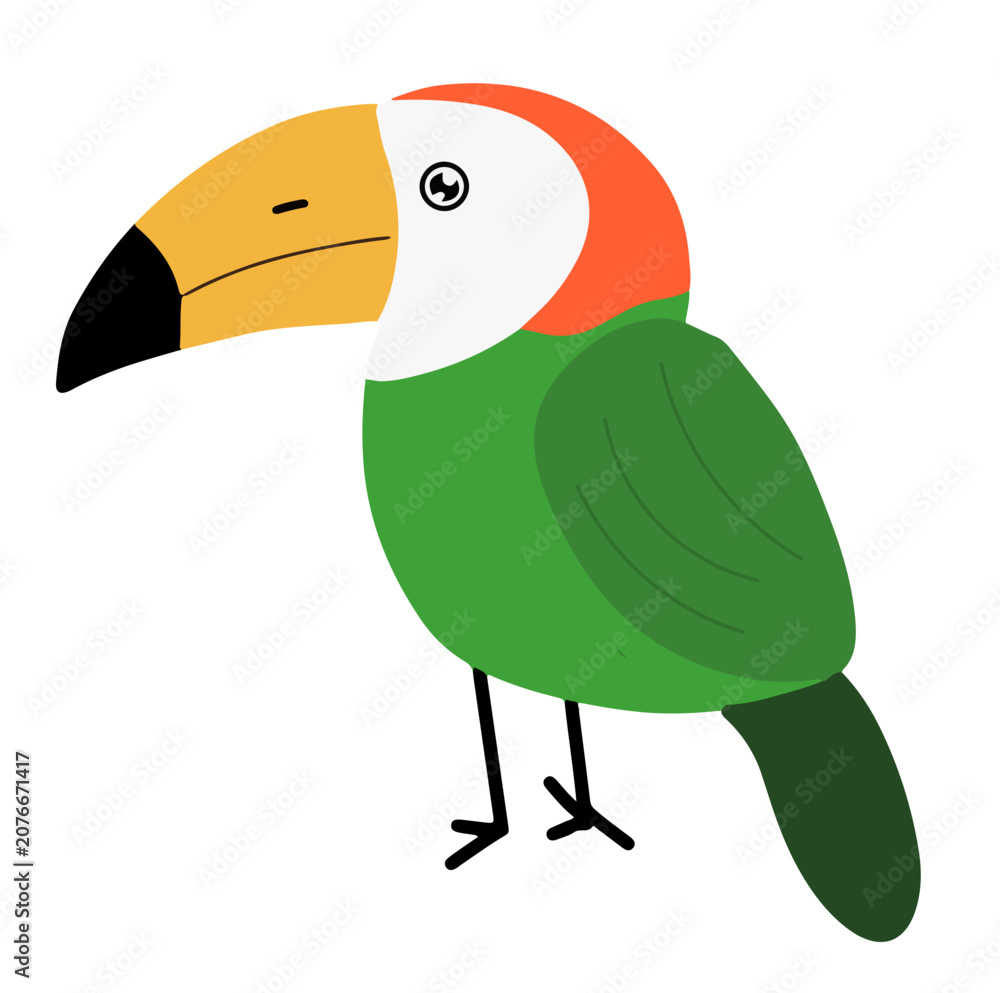Fototapeta premium Colorful Cartoon Toucan Bird Perched on a Branch with Green Tropical Rainforest Background