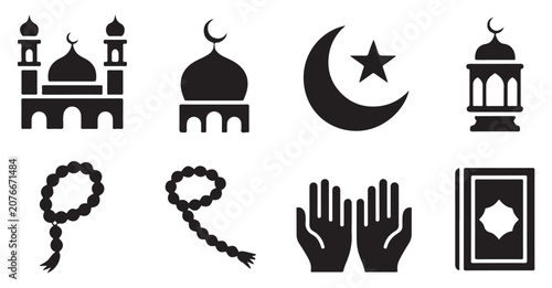 Tablou pe pânză Islamic icons collection including mosques prayer beads and holy book elements vector art