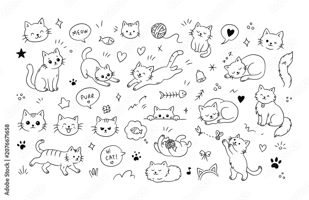 Obraz premium Hand Drawn Cat Doodle Set – Cute Kitten Sketches, Paw Prints, Yarn Balls, Fish Bones and Playful Pet Icons