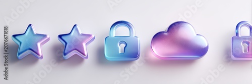 Glassy Icons of Stars, Padlock, and Cloud in Gradient Colors.