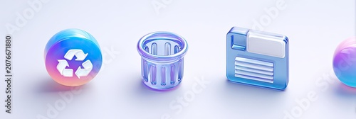 Modern 3D Icons - Recycle Bin, Trash Can, Folder, and Abstract Orb.