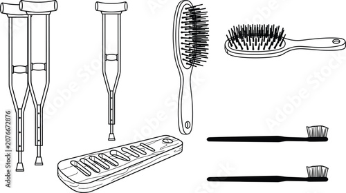 Obraz na plátně Vector healthcare and personal care icon set featuring crutches hairbrushes toot