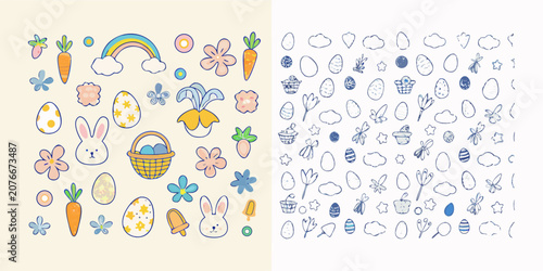 Easter themed line art illustrations with eggs rabbits and floral elements