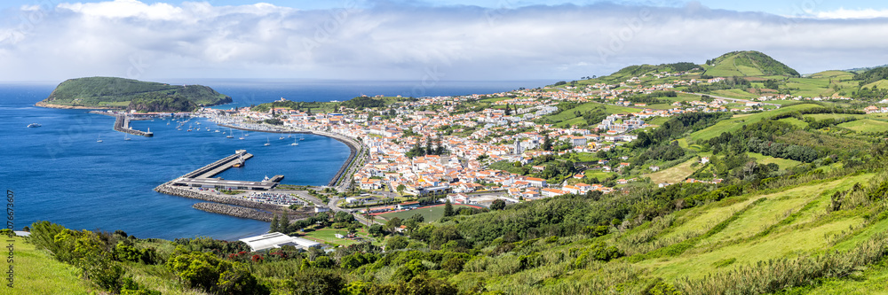 Fototapeta premium Azores islands panoramic view Horta town with marina and landscape on Faial island on Azores, Portugal
