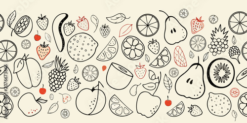 Fruits And Berries Hand Drawn Sketch Pattern On Beige Background