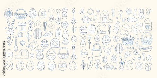 Easter themed line drawings with eggs bunnies and baskets