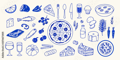 Italian Food Illustration Blue Line Art Depicting Mediterranean Cuisine