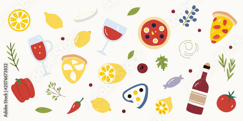 Mediterranean Food Illustration With Lemons Pizza And Red Wine