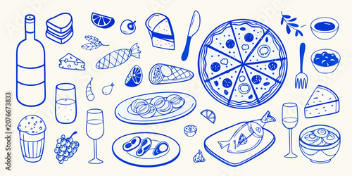 Mediterranean Food Illustration Blue Line Art Of Dishes And Ingredients