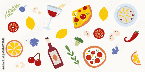 Italian Food Illustration With Citrus Fruits And Pizza Slices