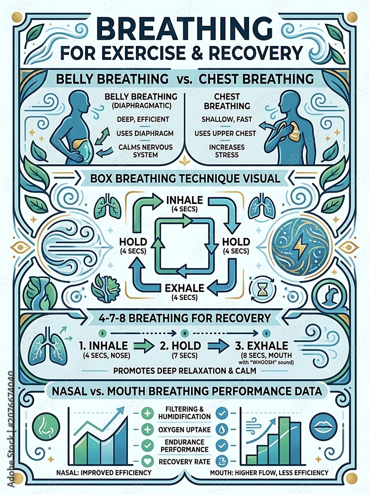 Naklejka premium Infographic showing breathing techniques for exercise and recovery