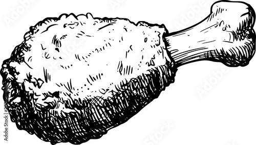 Photos 白い背景にある、カリカリに揚げられた鶏のドラムスティックの詳細な白黒の手書きイラスト