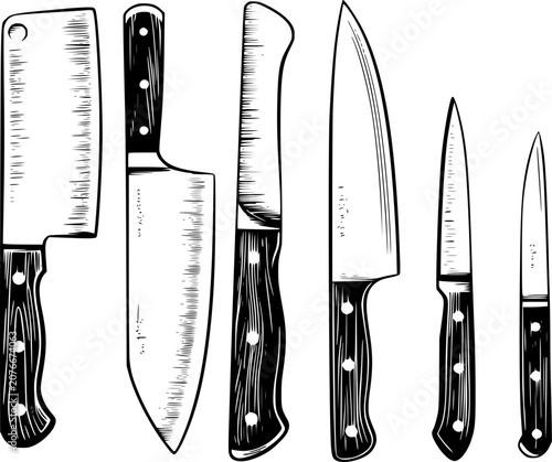 Φωτογραφία クラシックな白黒線画スタイルで描かれた様々なキッチンナイフと肉切包丁のコレクション