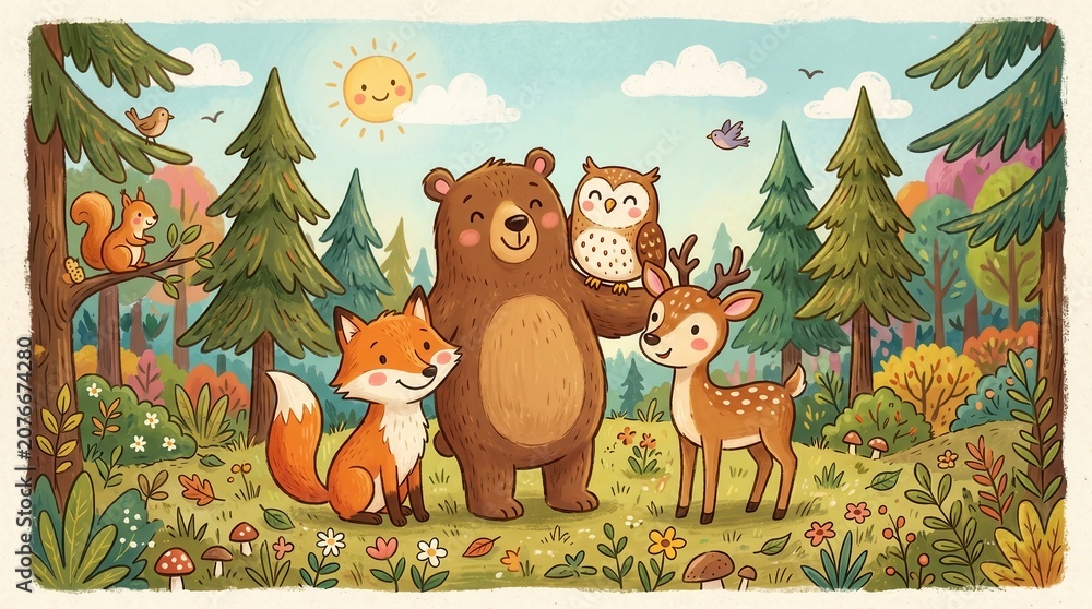 Fototapeta premium Bear, fox, owl, and deer stand together in a vibrant forest meadow on a bright day