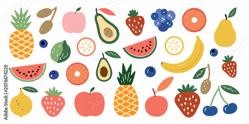 Assorted Fruits Collection Flat Vector Illustration On White Background