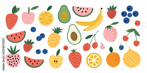 Assorted Fruits Illustration With Flat Design And White Background