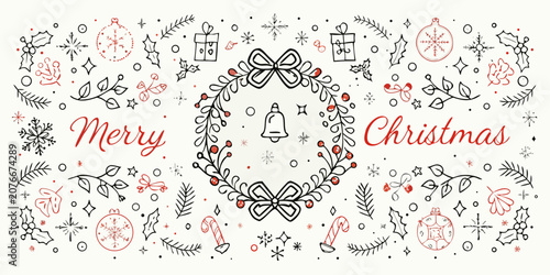 Christmas floral ornament with hand drawn elements and festive lettering