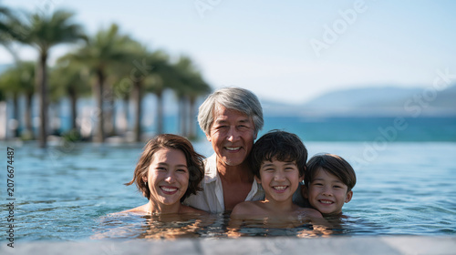 Smiling family relaxes together in an infinity pool with palm trees and ocean backdrop.