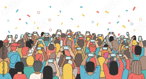 Diverse crowd celebrating with smartphones.