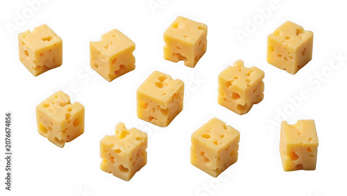 Set of swiss cheese cubes isolated on transparent background