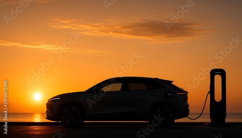 Electric Vehicle Charging at Sunset with Fast EV Charger and Renewable Energy Transportation Concept