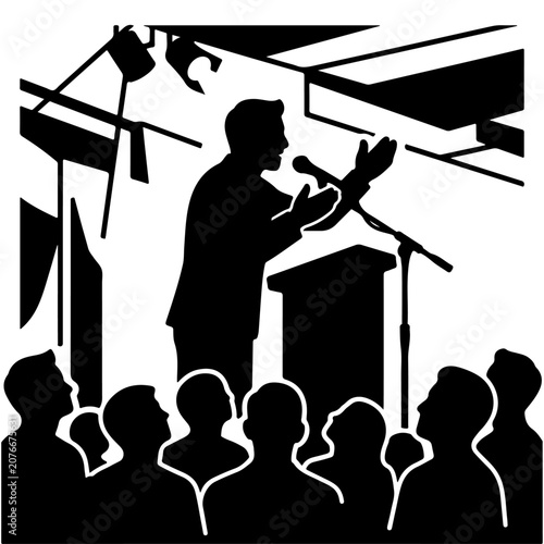Konstfotografi Silhouette of a Speaker Addressing an Audience from a Podium with Microphones