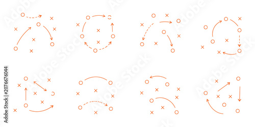 Football tactics hand drawn doodle icon set, soccer game strategy plan diagram with arrows, passes, player movement, player positions and game plan. Hand Drawn Football Strategy Diagram. 